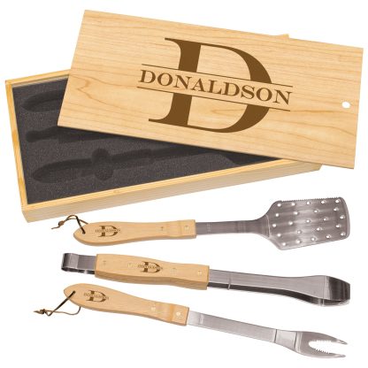 3-Piece BBQ Set in Wooden Pine Box BBQ Items Set